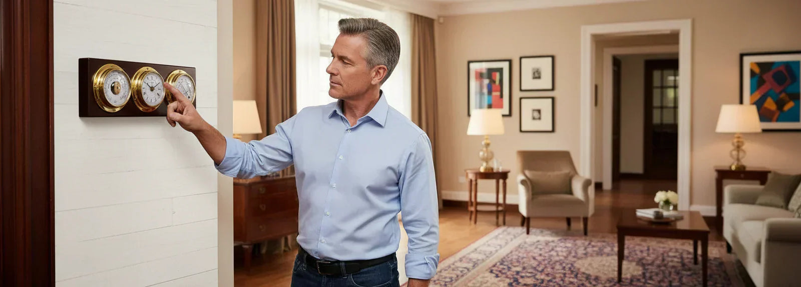 Man adjusting wall-mounted barometer, hygrometer, and clock set in a living room.