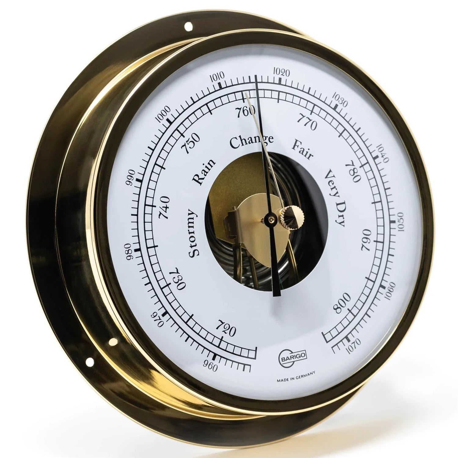 Brass wall-mounted barometer with white dial, stormy to very dry weather scale