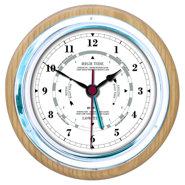 Nautical tide clock with wooden frame and chrome bezel, displays high and low tide times