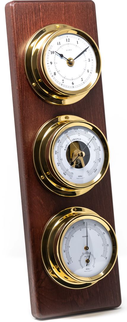Modern Mahogany & Brass Weatherstation – 4-in-1 Hygrometer, Barometer, Thermometer & Quartz Clock