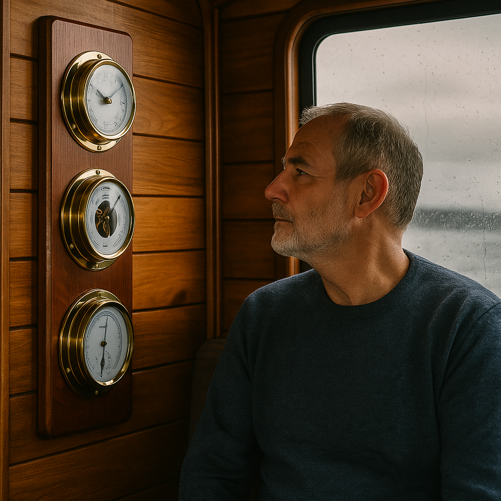 Modern Mahogany & Brass Weatherstation – 4-in-1 Hygrometer, Barometer, Thermometer & Quartz Clock