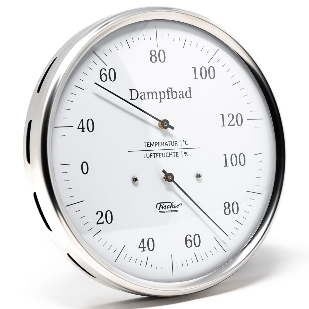 German made sauna thermometer and hygrometer with chrome frame, white dial, dual scale