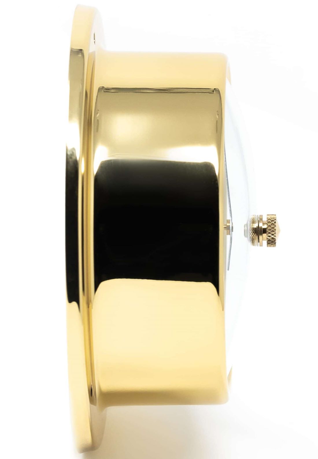 Side view of a brass weather instrument case, suitable for barometer or nautical clock.