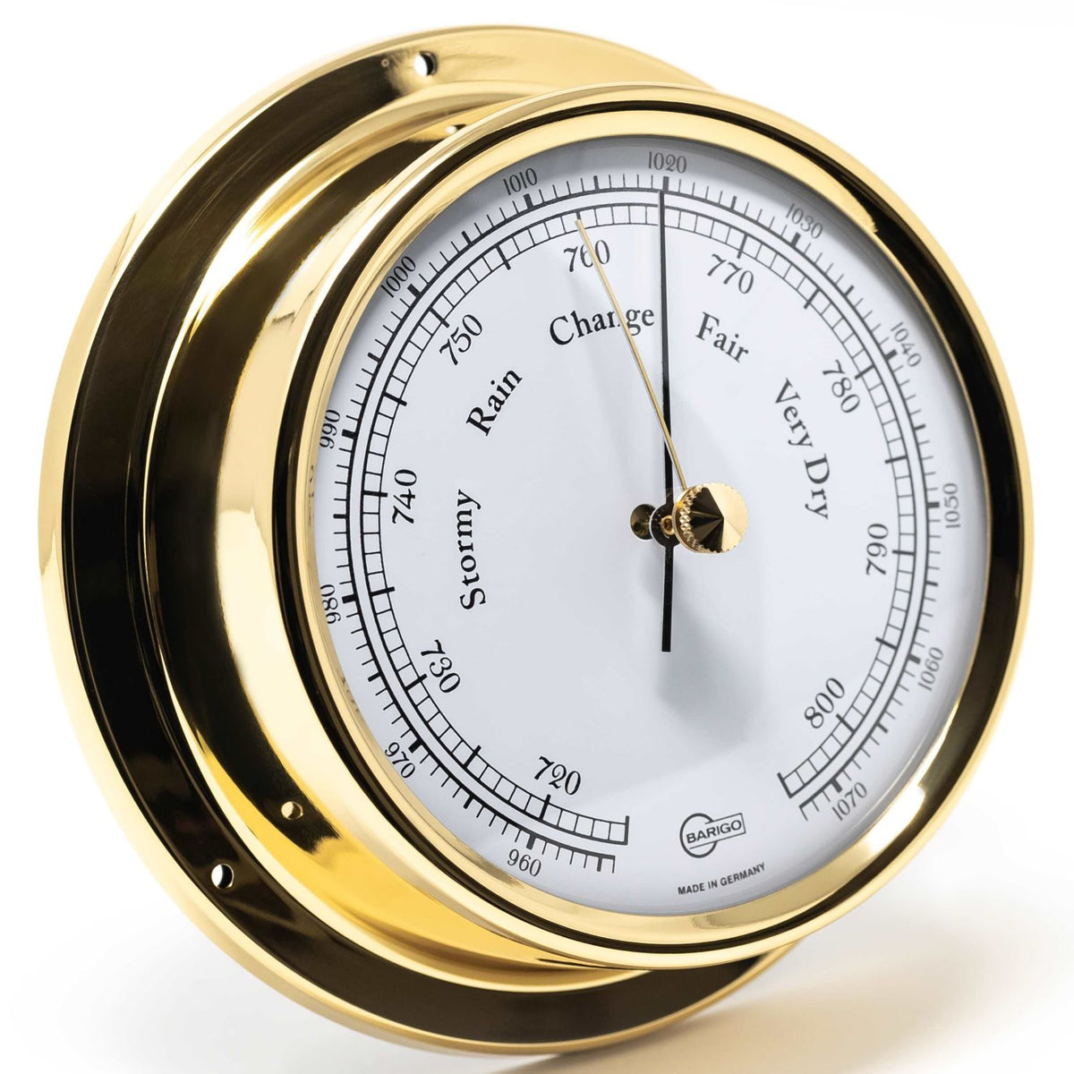 Gold-framed German barometer with white dial for measuring atmospheric pressure and weather