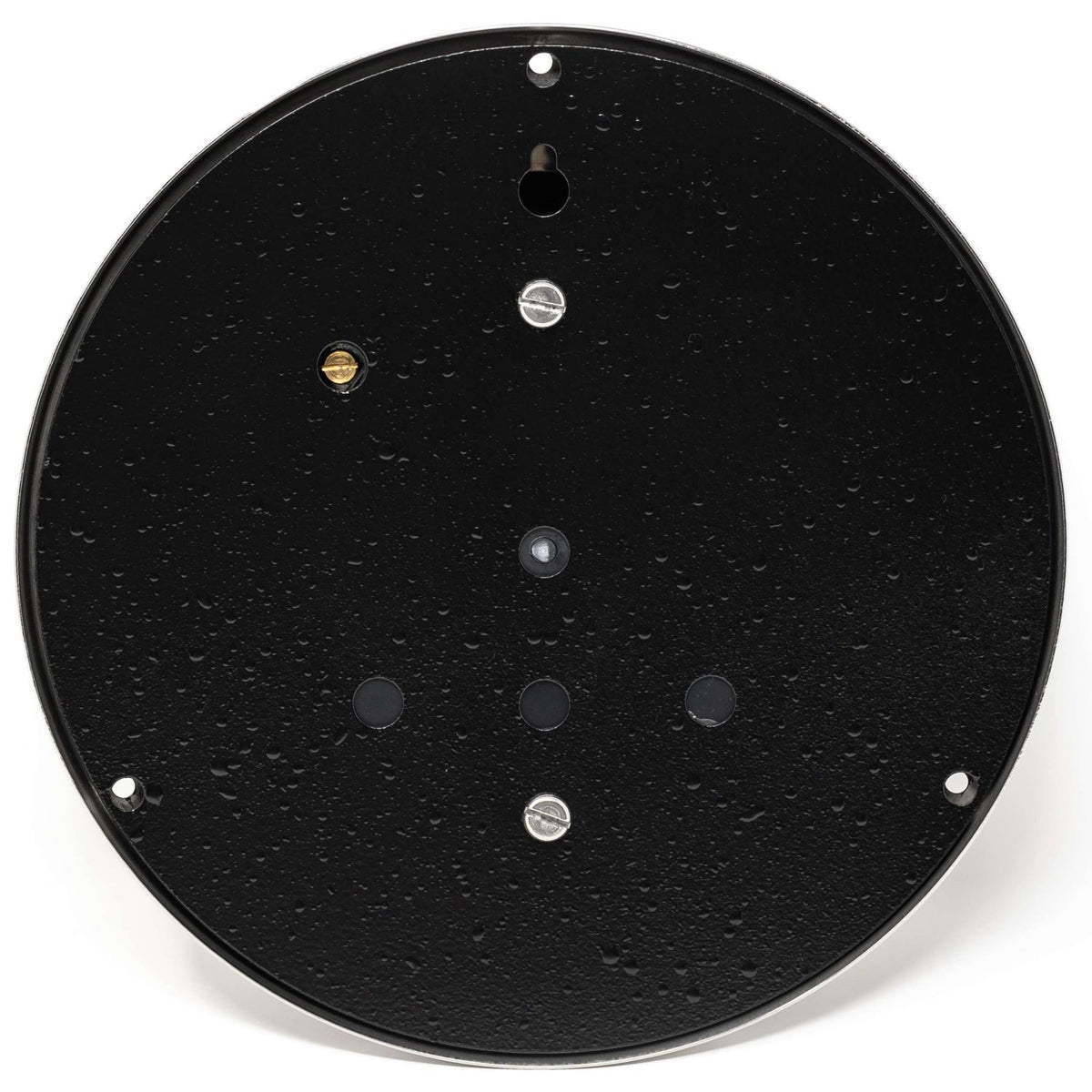 Back view of round black barometer case with mounting holes and dew drops