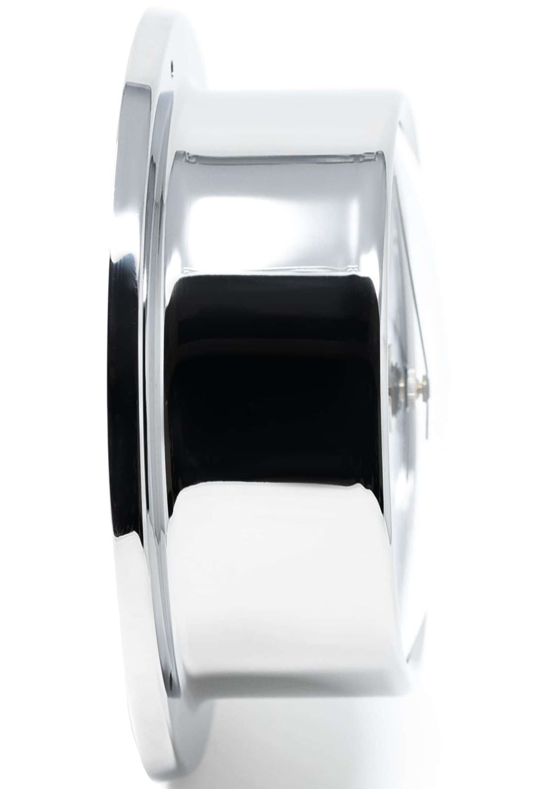 Side view of a polished chrome nautical wall barometer or clock, white background
