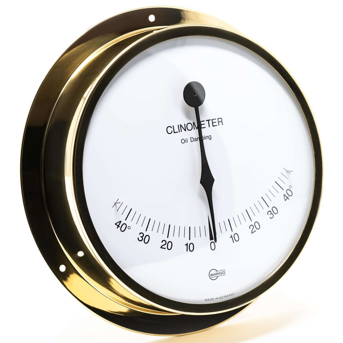 Brass marine clinometer with oil damping, black needle, and clear angle scale display