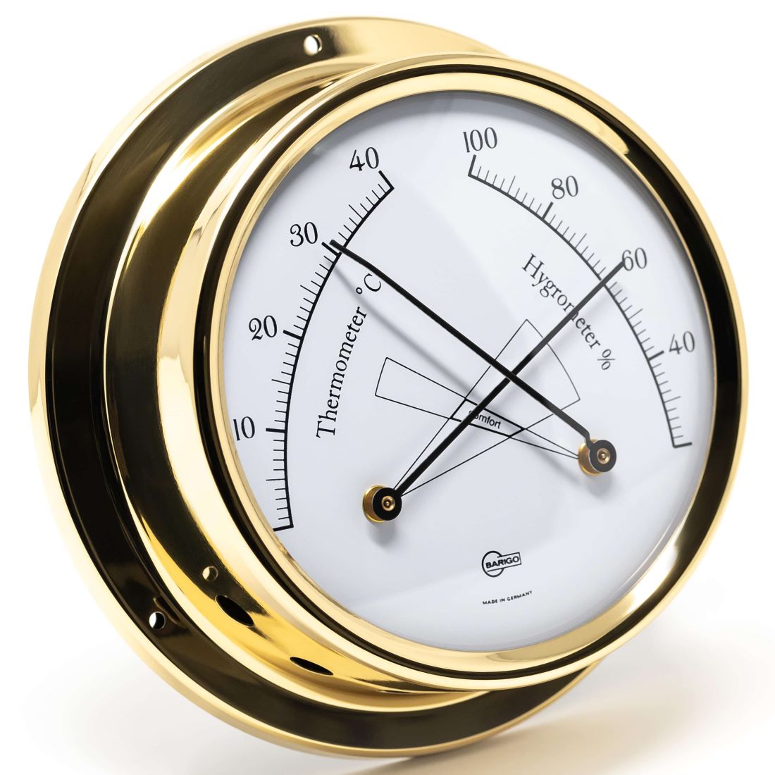 Gold-finish German made wall thermometer and hygrometer, nautical style instrument