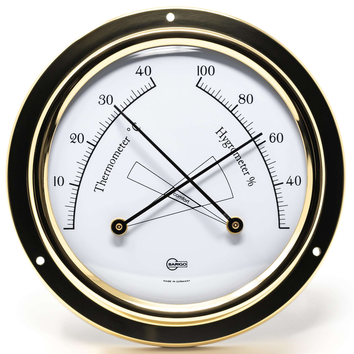 Gold-rimmed German analogue thermometer and hygrometer weather station