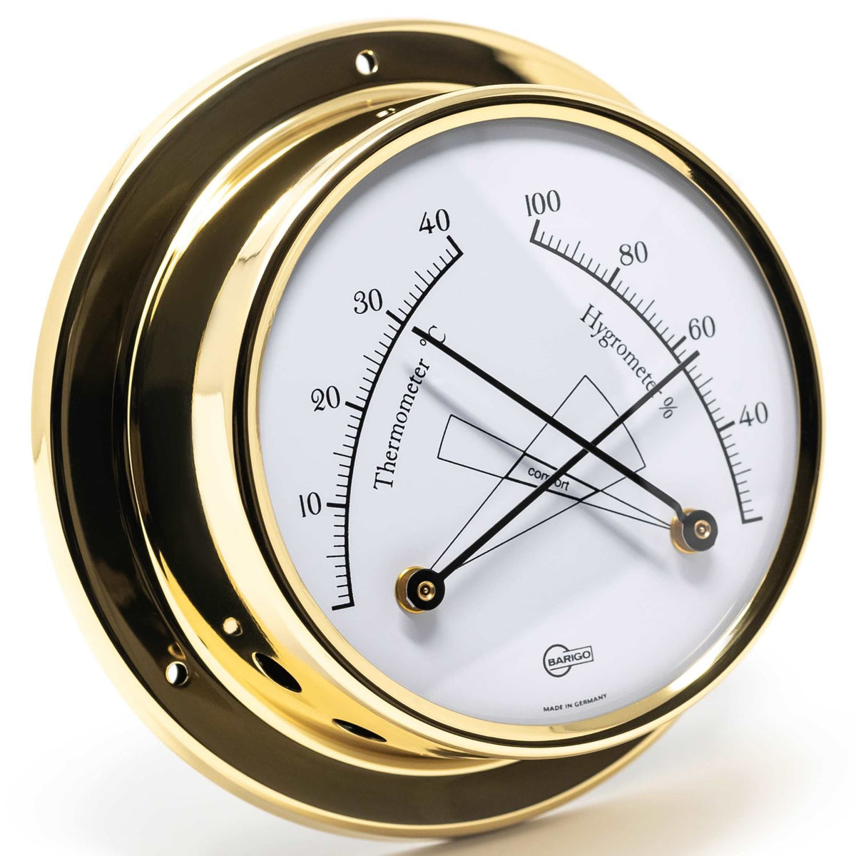 German made brass analog thermometer hygrometer, round weather station instrument