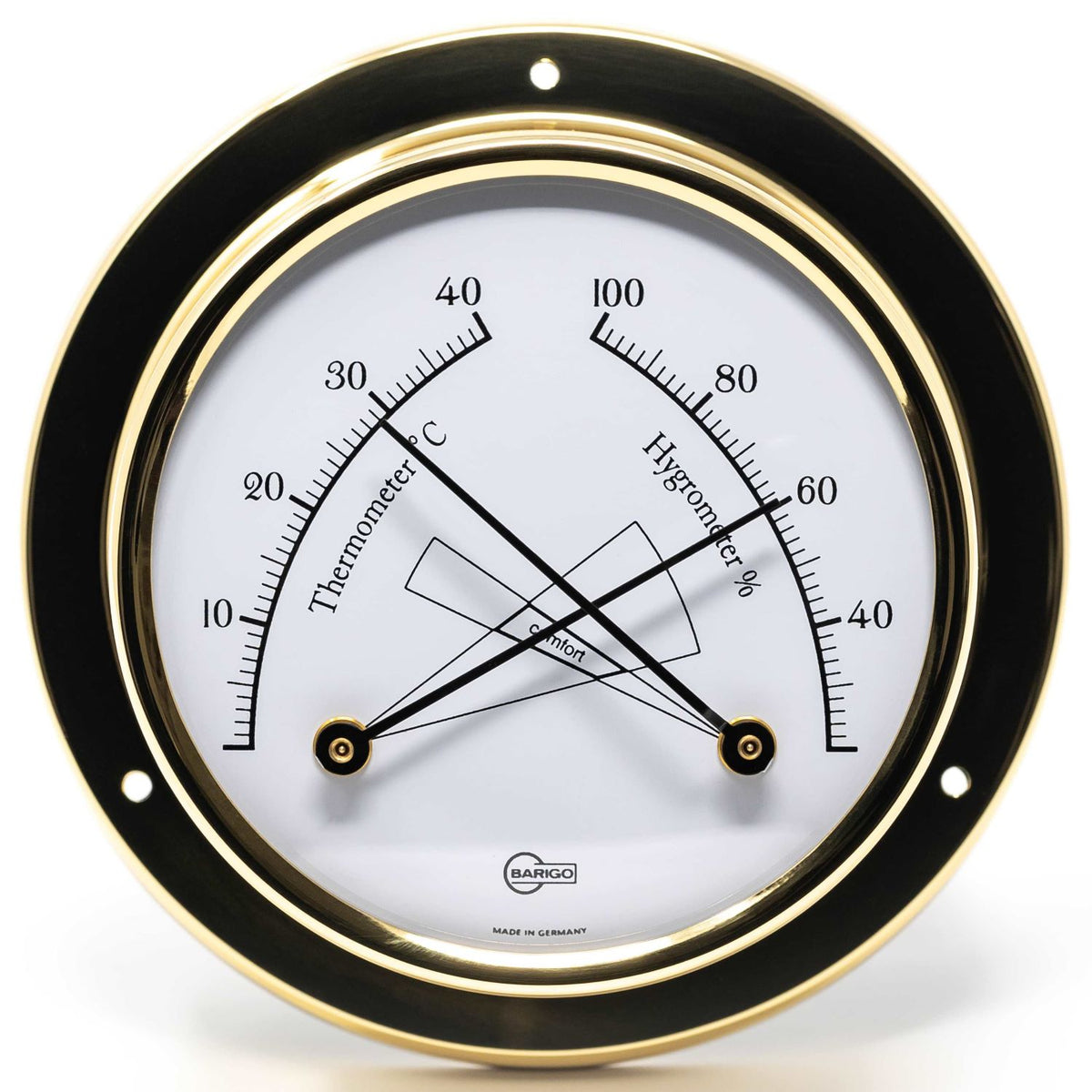 German brass analog thermometer and hygrometer weather station with round dial