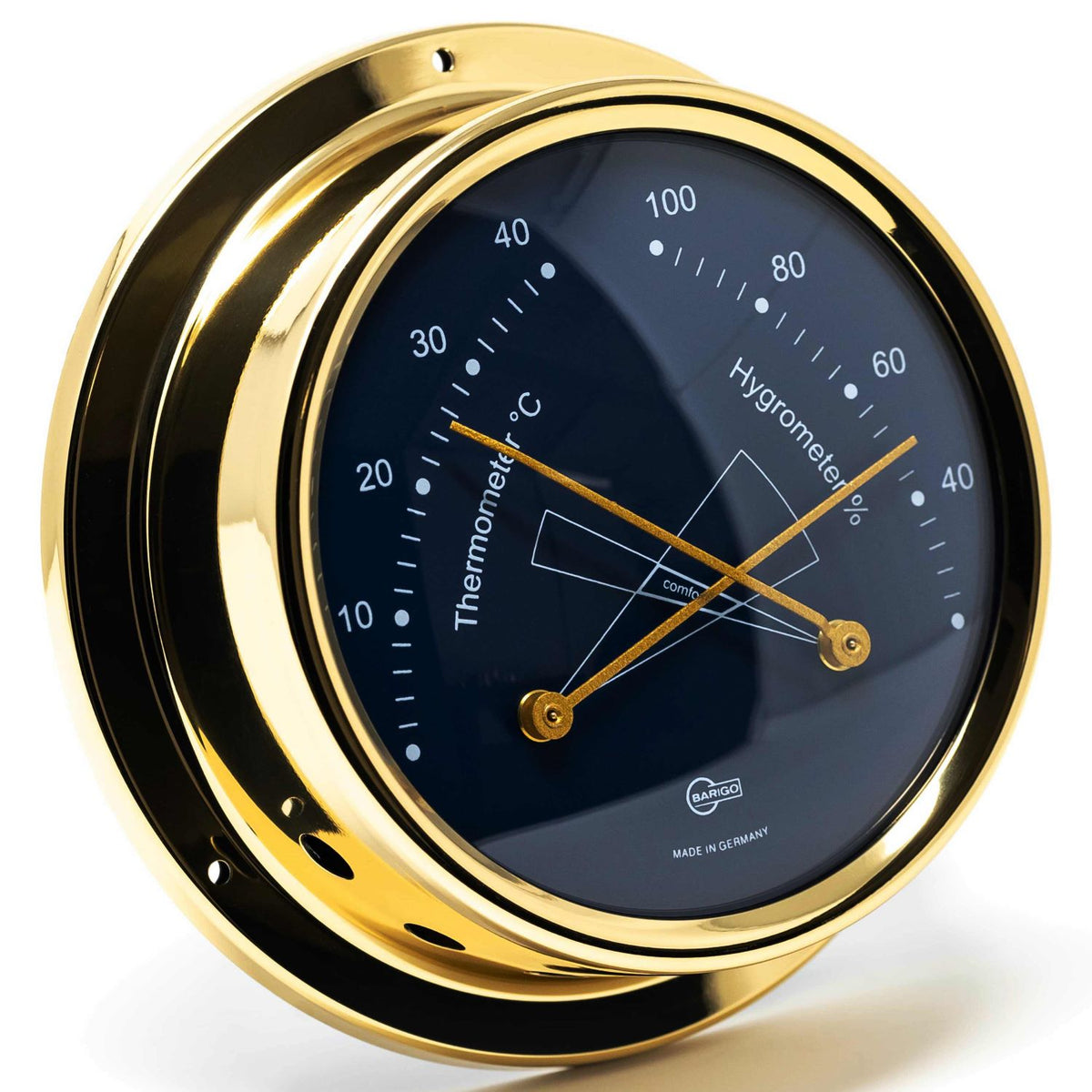 Gold round analog thermometer and hygrometer with black dial, nautical and weather instrument