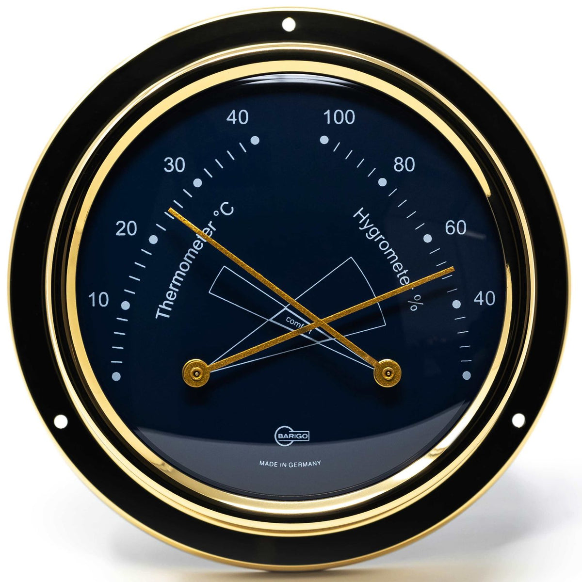 Analog German-made thermometer and hygrometer with gold bezel for weather monitoring