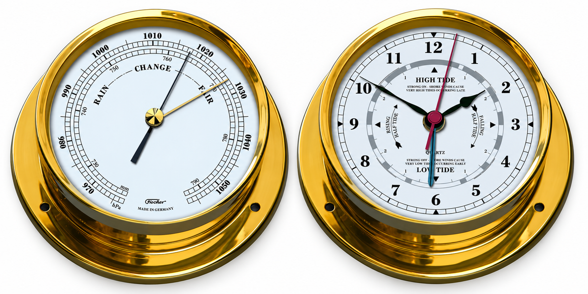 Premium Polished Brass Tide Clock with Barometer – Modern Coastal Accessory