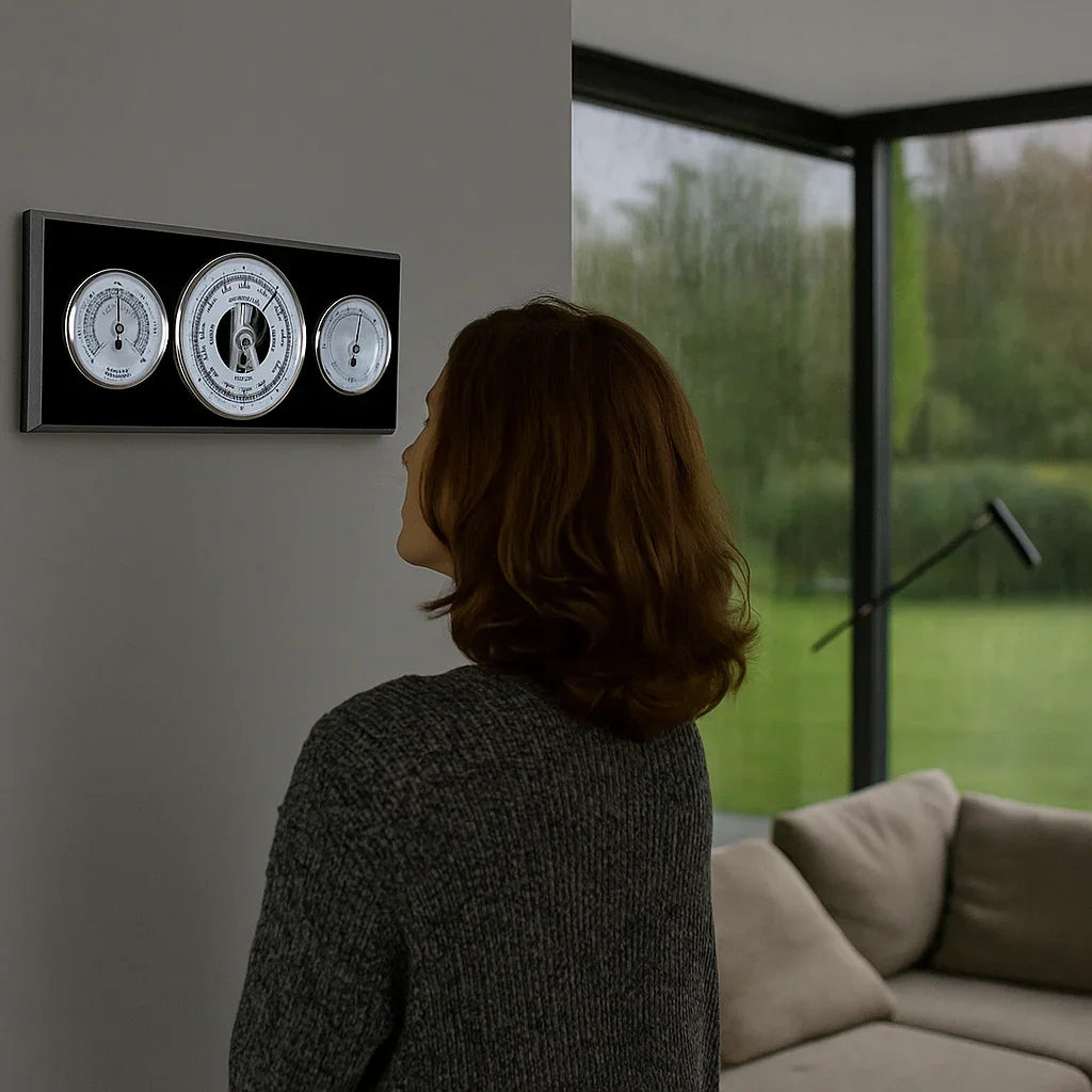 Woman viewing a wall-mounted weather station with barometer, hygrometer, and thermometer in a modern living room.
