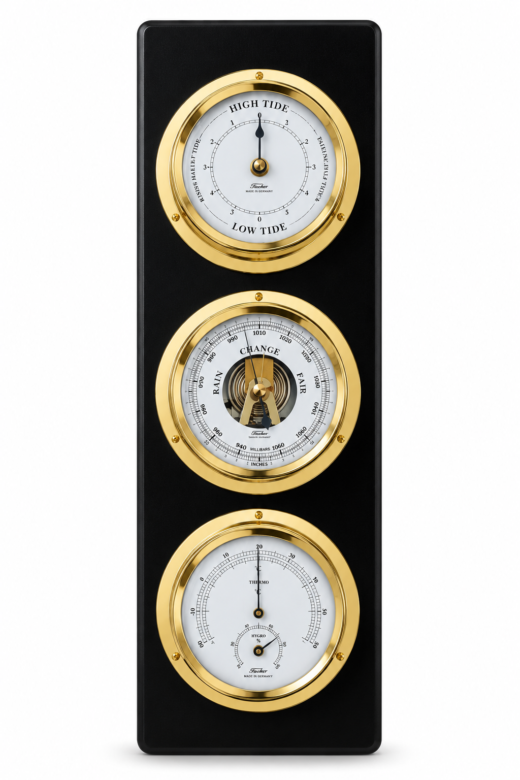 Modern Ebony & Brass Weatherstation – 4-in-1 Hygrometer, Barometer, Thermometer & Tide Clock