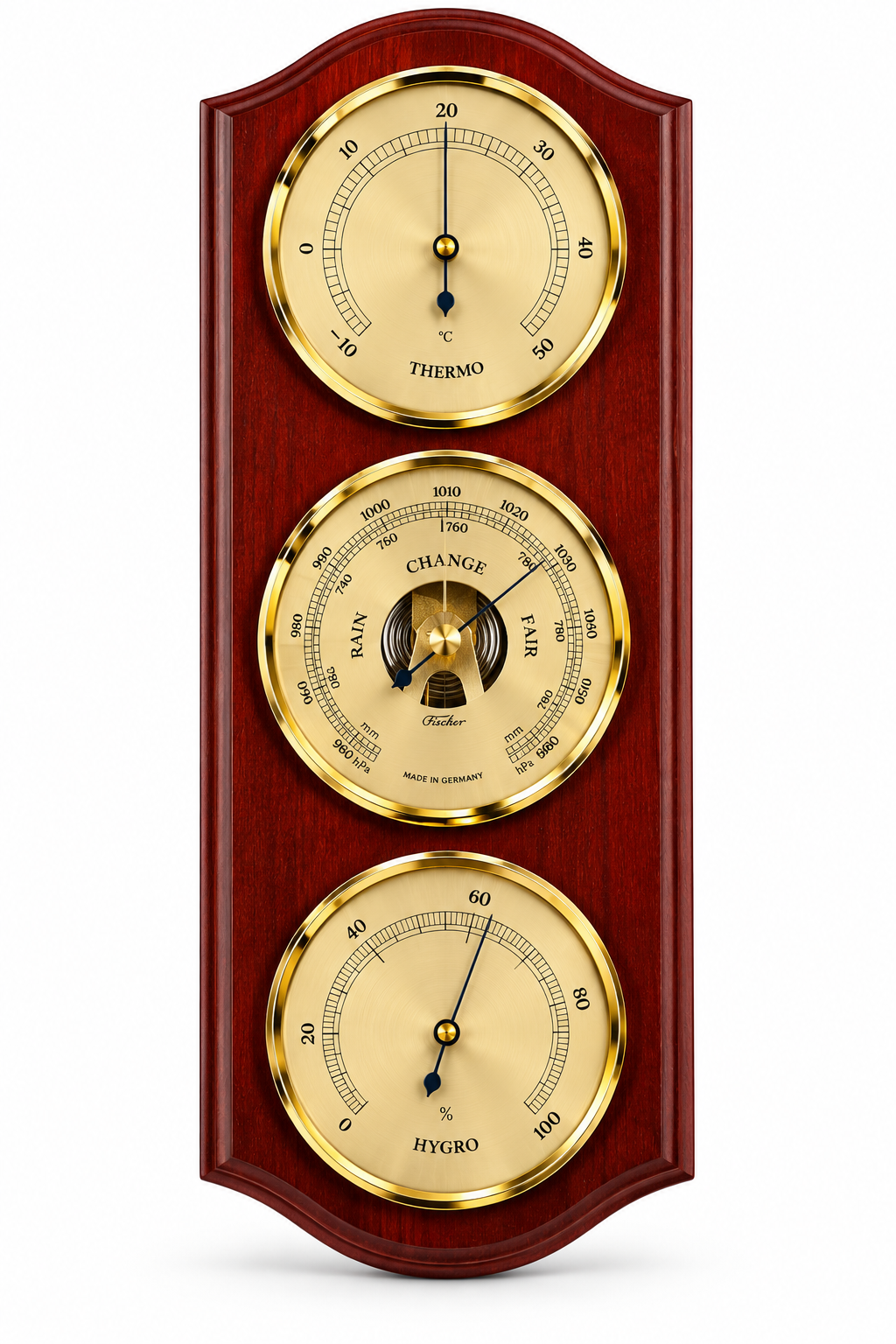 Weatherstation-3 in 1 - Hygrometer + Barometer + Thermometer | Mahogany & Brass | 330mm by 130mm | 9176-22