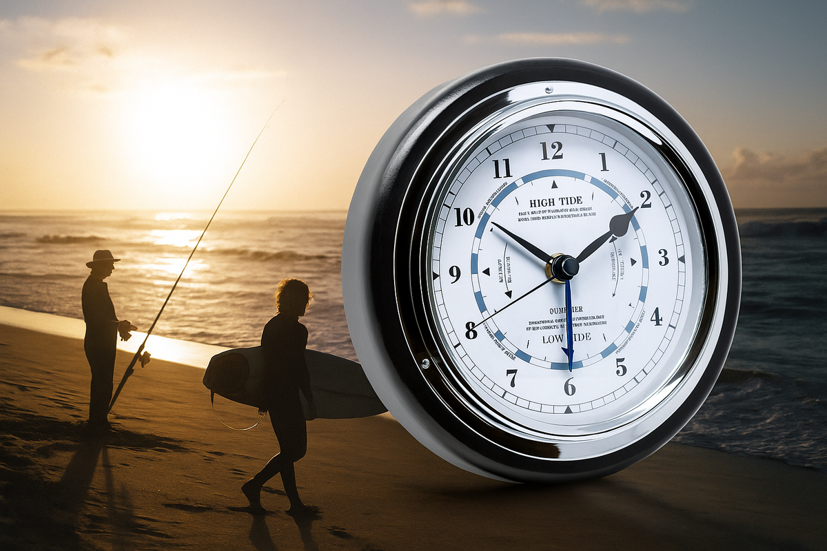 Nautical tide clock with chrome frame at sunset beach, fisherman and surfer in background