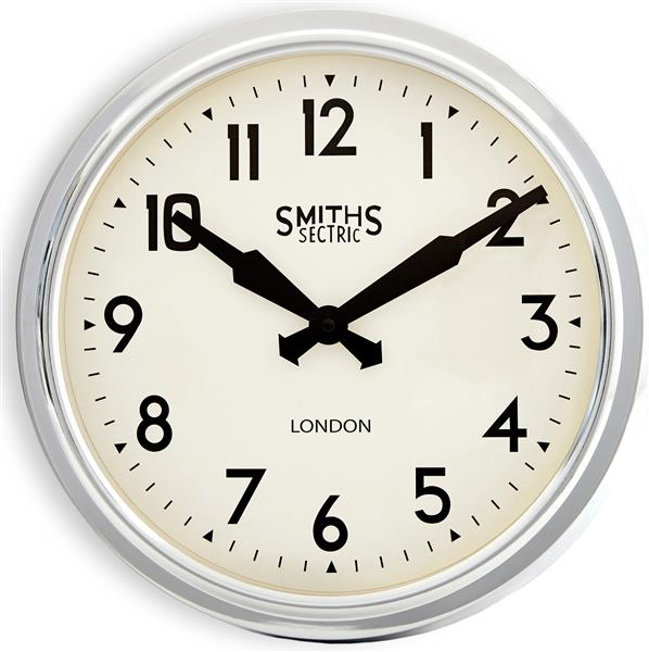 Round wall clock with black numbers and hands, classic design, chrome frame, Smiths Sectric London.