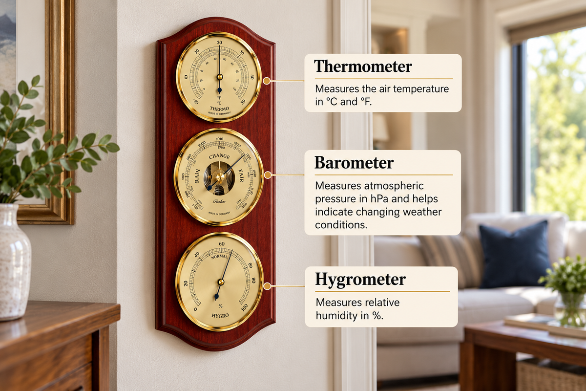 Weatherstation-3 in 1 - Hygrometer + Barometer + Thermometer | Mahogany & Brass | 330mm by 130mm | 9176-22