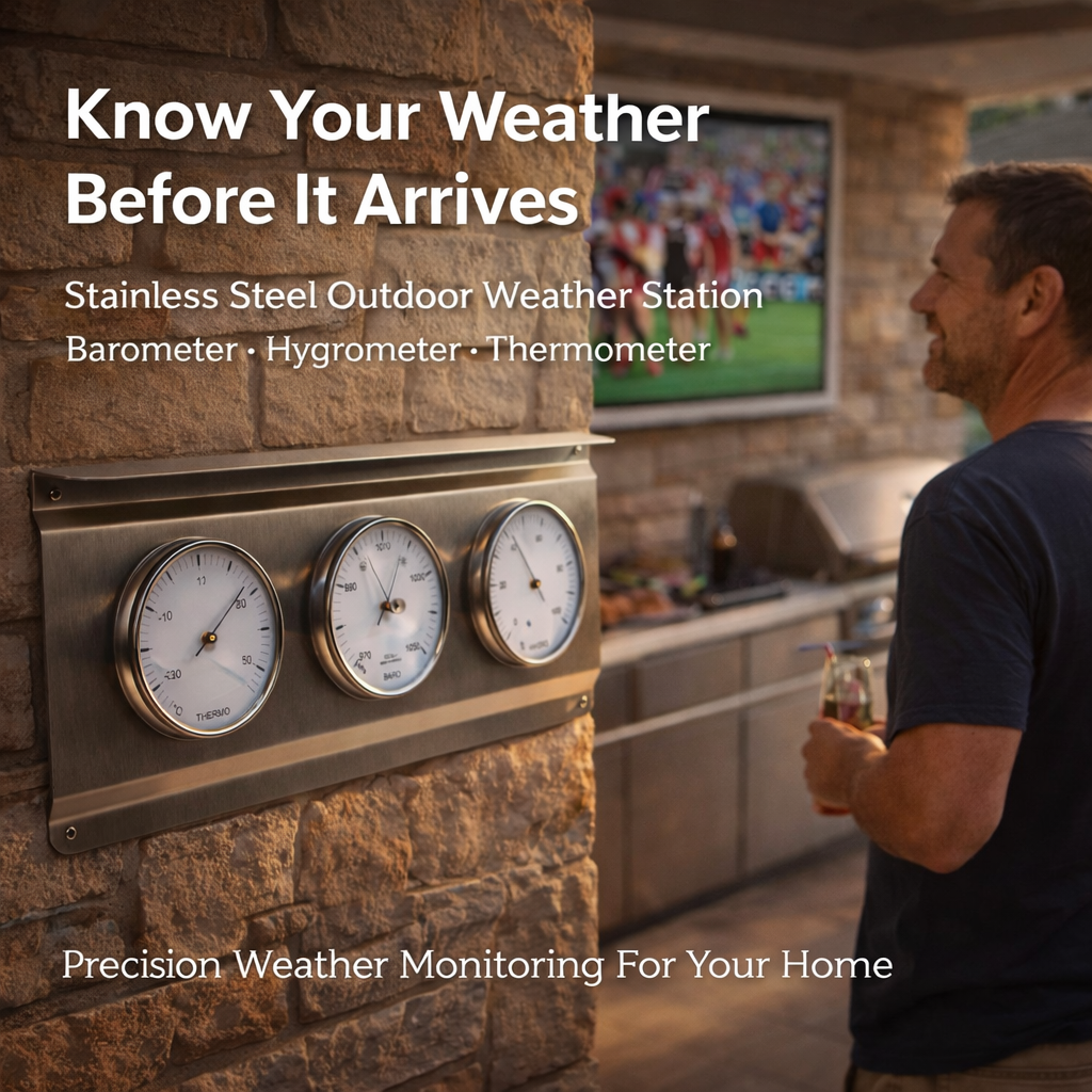 Outdoor weather station with three gauges on a stone wall, man watching TV in the background.