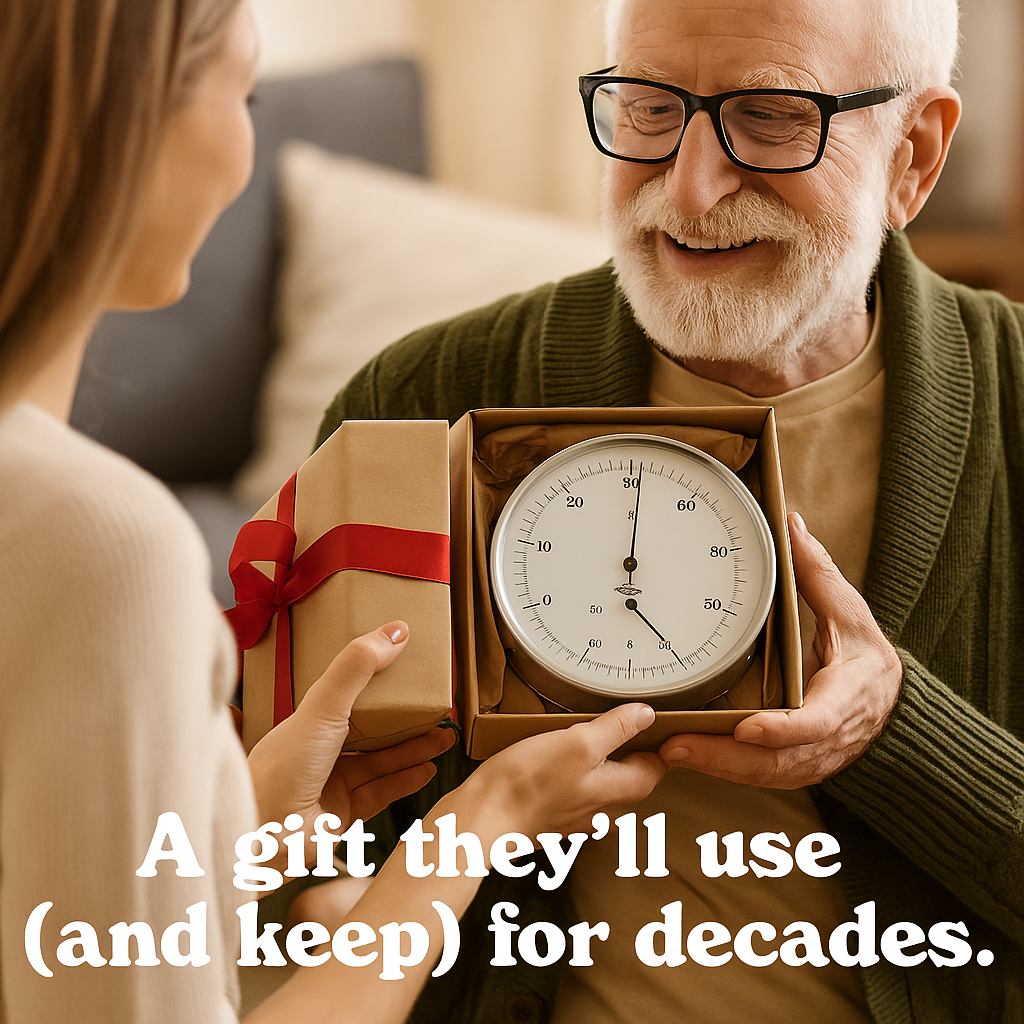 Man reciving a thermometer and humidity meter as a gift