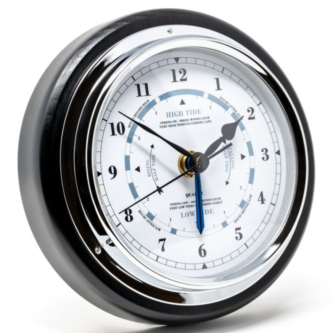 The Black & Chrome Tide Tracker – Precision Tide Clock + Quartz Wall Clock (Fischer Germany)
