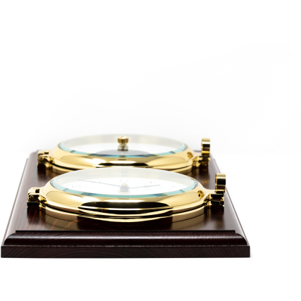 Impressive Porthole Brass Barometer & Time Clock on Mahogany Base