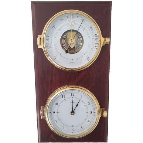 Impressive Porthole Brass Barometer & Time Clock on Mahogany Base