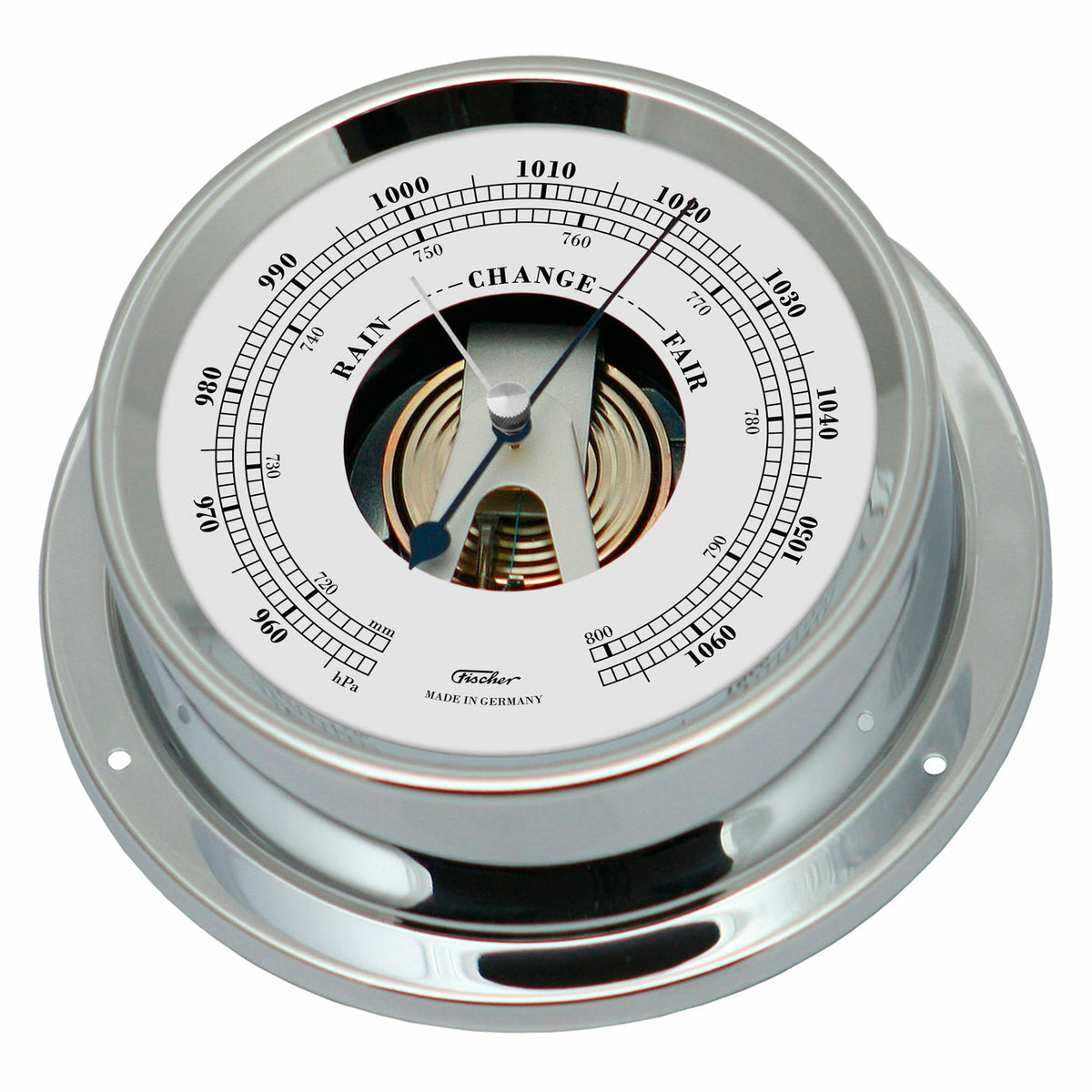 Polished chrome analog barometer with clear dial, German weather instrument