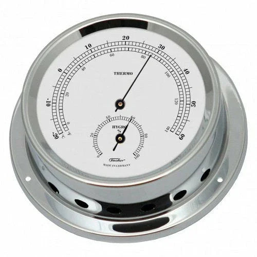 German-made chrome wall-mounted thermometer and hygrometer combo for accurate indoor climate monitoring
