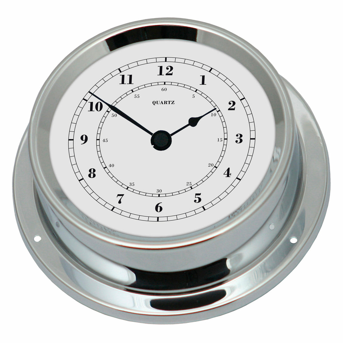 Silver nautical quartz wall clock with white dial and black hands