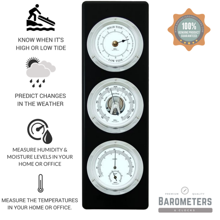 Modern Ebony & Chrome Weatherstation – 4-in-1 Hygrometer, Barometer, Thermometer & Tide Clock