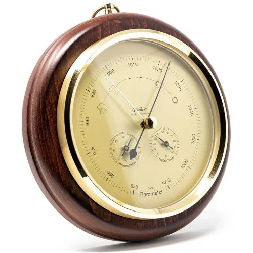 Classic round wall barometer with gold trim, thermometer, and hygrometer, wood finish