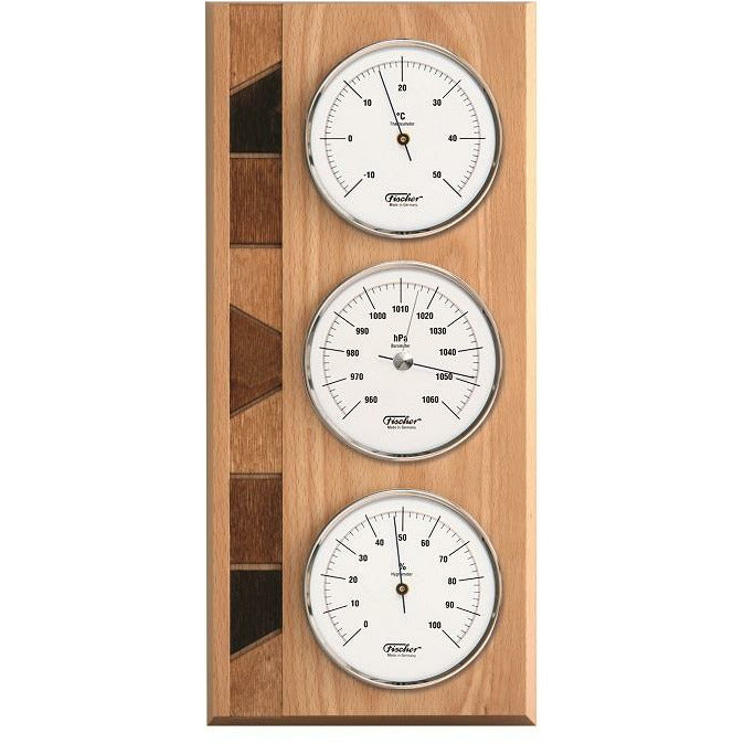 Stylish Beech &amp; Chrome Weather Station 3 in 1 - Hygrometer + Barometer + Therometer