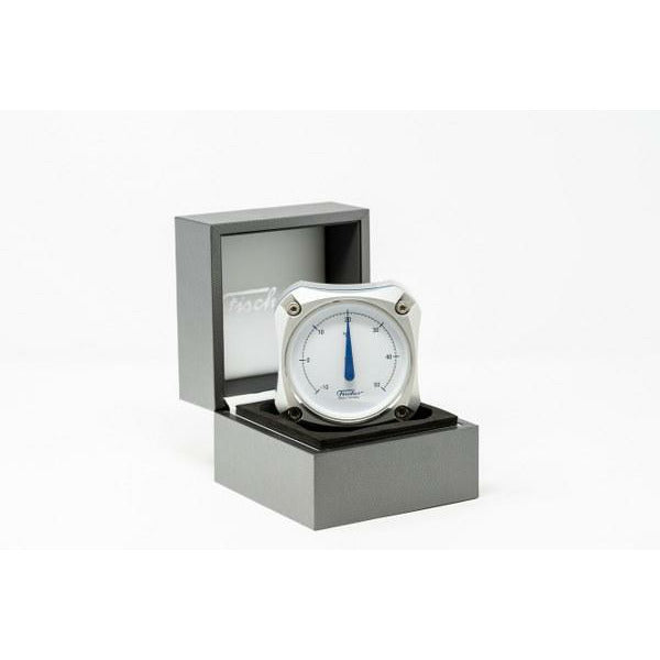 German made barometer in silver case, presented in open gift box, white background