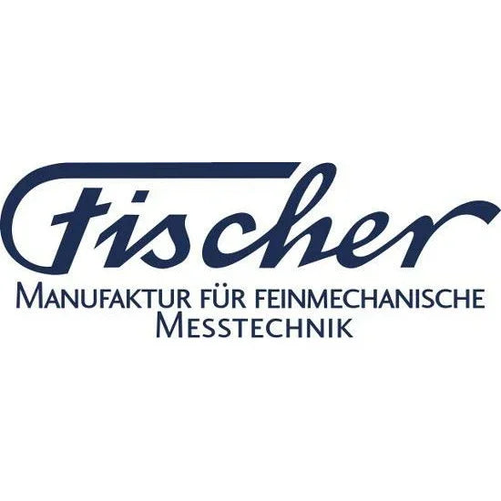 Fischer logo with German text for fine mechanical measuring instruments, blue lettering on white background