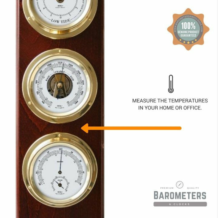 Modern Mahogany & Brass Weatherstation – 4-in-1 Hygrometer, Barometer, Thermometer & Tide Clock