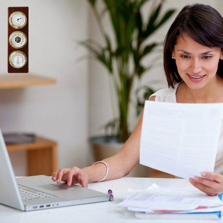 Modern Mahogany & Brass Weatherstation – 4-in-1 Hygrometer, Barometer, Thermometer & Tide Clock