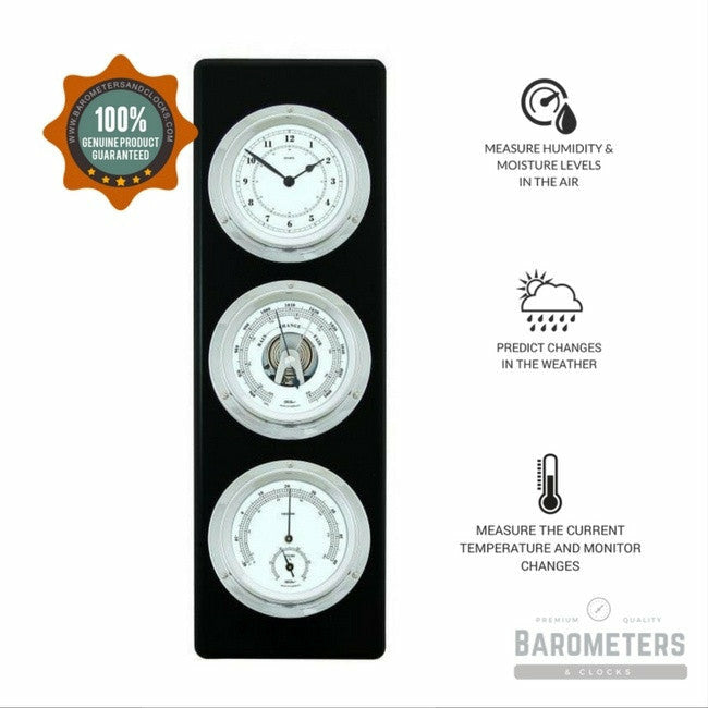 Modern Ebony & Chrome Weatherstation – 4-in-1 Hygrometer, Barometer, Thermometer & Quartz Clock