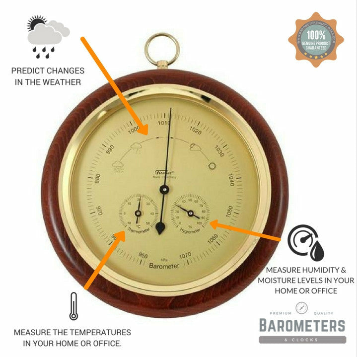 Mahogany & Brass Weather-Station 3 in 1 - Hygrometer + Barometer + Thermometer