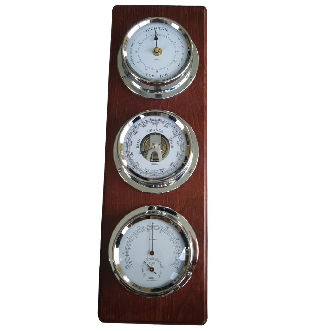 Modern Mahoany & Chrome Weatherstation – 4-in-1 Barometer, Hygrometer, Thermometer & Tide Clock