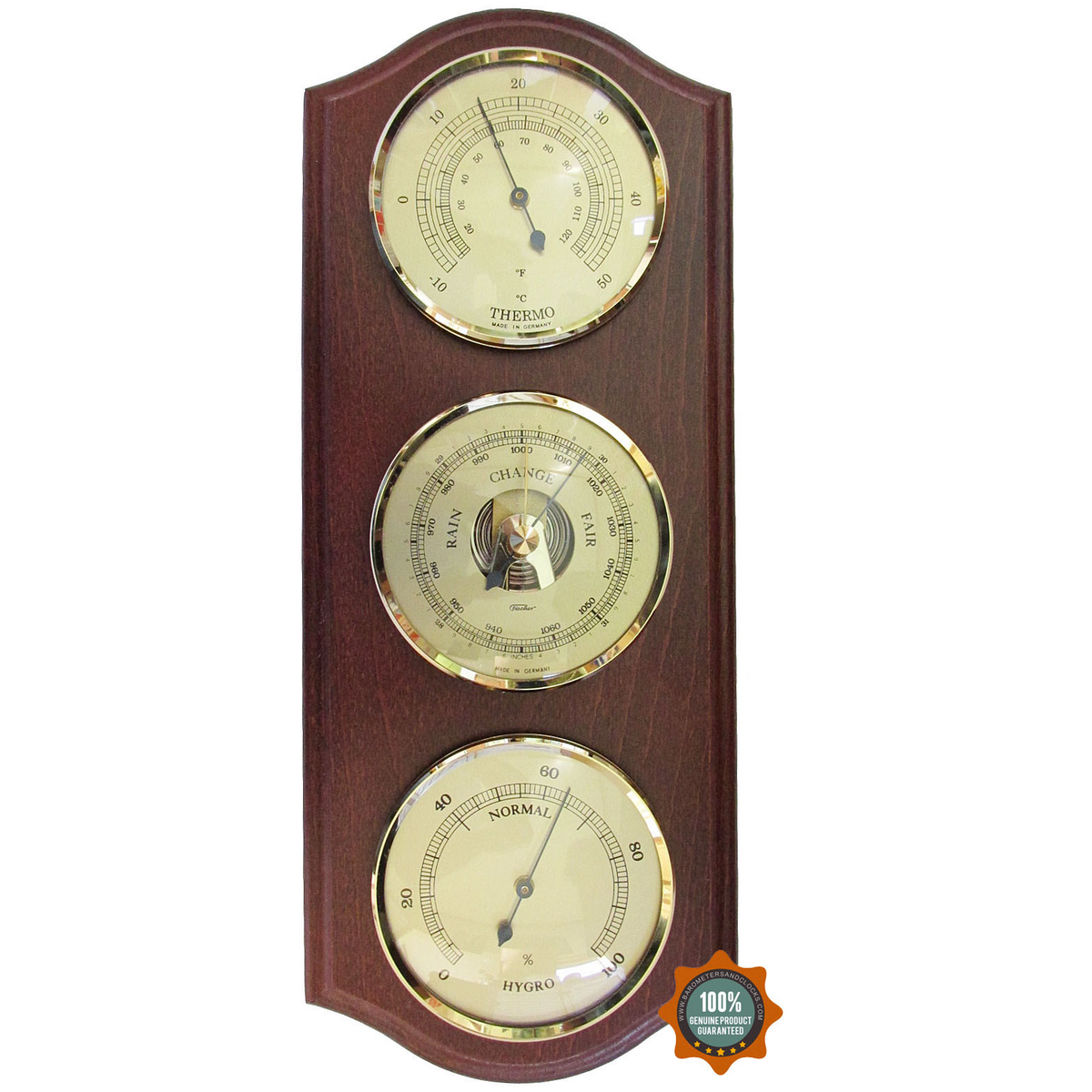 Wall mounted weather station with barometer, hygrometer, and thermometer dials on wood panel