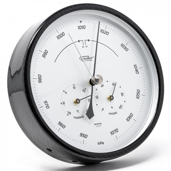 Analog German barometer with thermometer and hygrometer, white dial, black frame