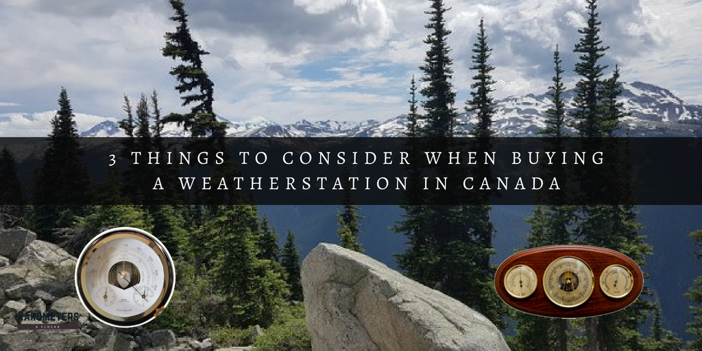 Weather station buying guide in Canada with barometer, hygrometer, mountain background