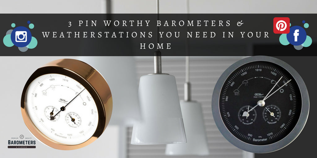 Modern German barometers and weather stations in gold and black finishes, displayed indoors.