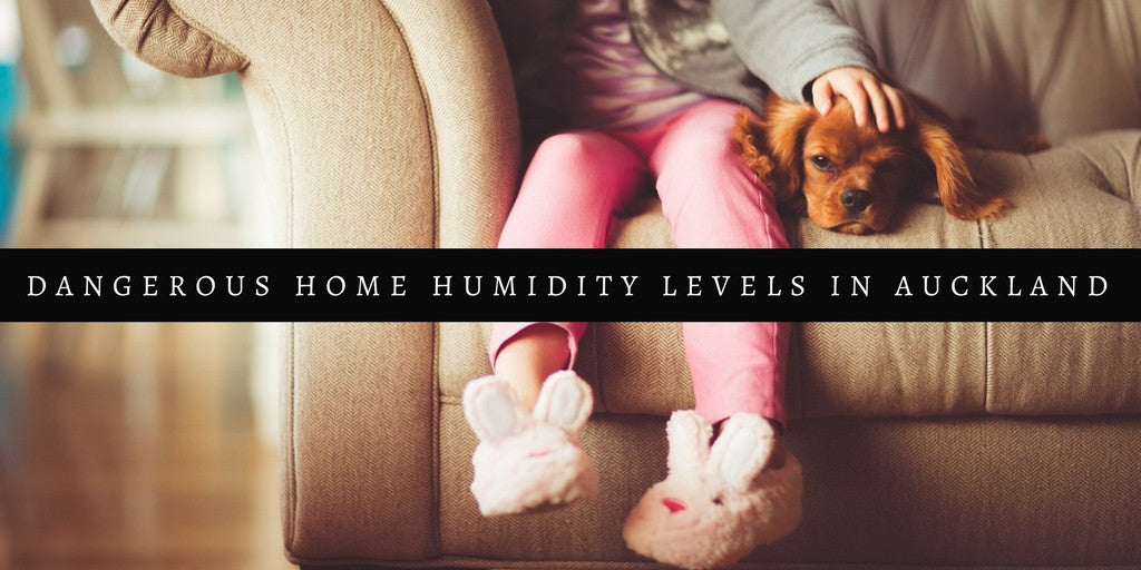 Child wearing bunny slippers and petting dog on sofa, home humidity warning text overlay