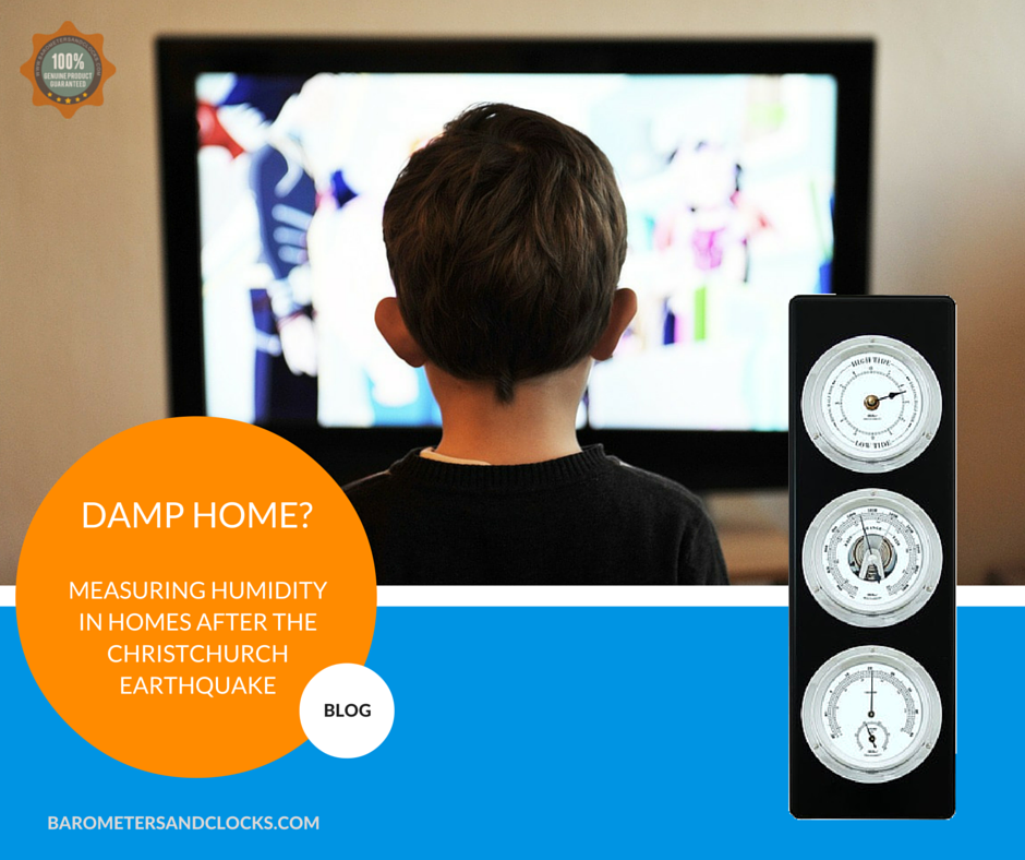 Child watching TV with wall-mounted weather station showing barometer, hygrometer, and thermometer; humidity measurement for homes in Christchurch.