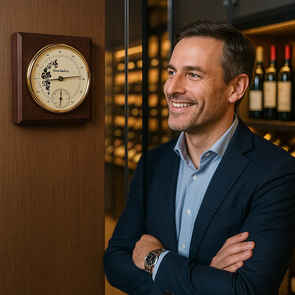 Man standing by a wall-mounted wine cellar hygrometer and thermometer with mahogany finish.