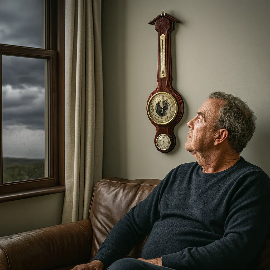 Man in living room looking at wall-mounted mahogany weather station barometer and hygrometer